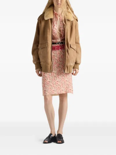 Prada Shearling-collar Patch-pocket Jacket In Nude