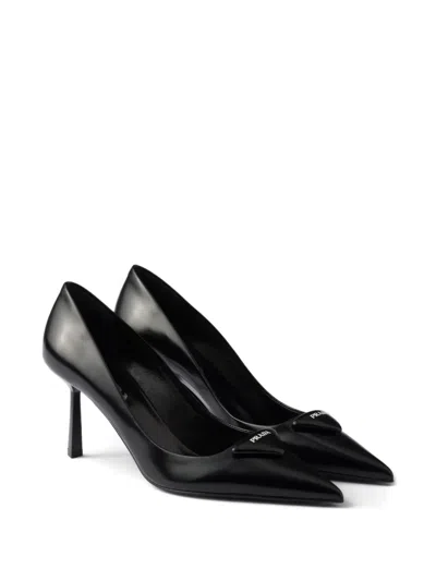 Prada Leather Pumps With Glossy Finish And Stiletto Heel In Black