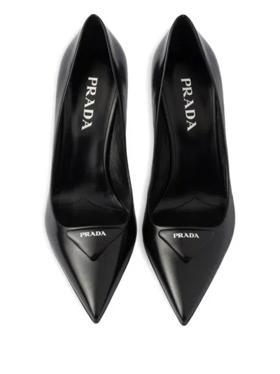 Prada Leather Pumps With Glossy Finish And Stiletto Heel In Black