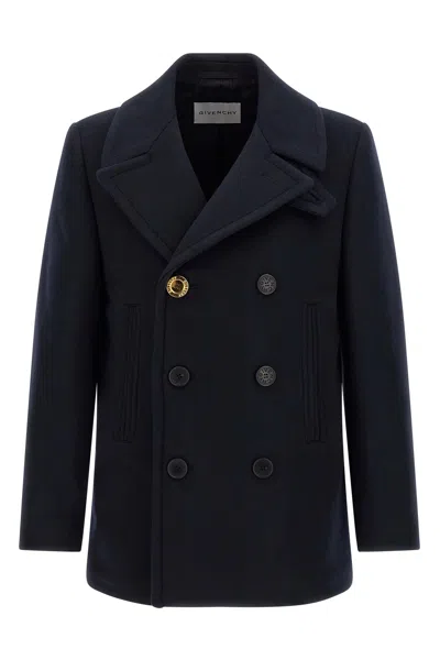 Givenchy Blue Coat With Wide Lapels And Logoed Buttons In Wool Man In Multi