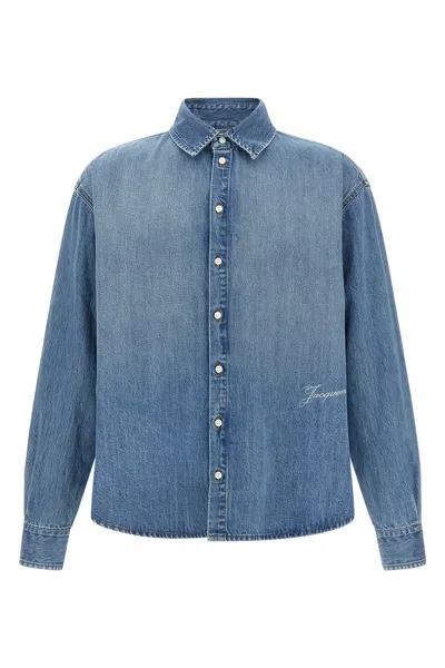 Jacquemus La Chemise De-nimes Simon With Embroidered Logo In Blue