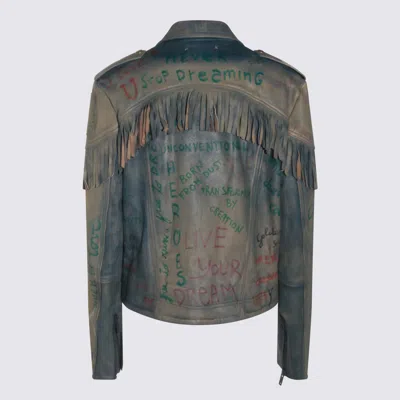 Golden Goose Stylish Leather Jacket With Fringe And Print In Blue