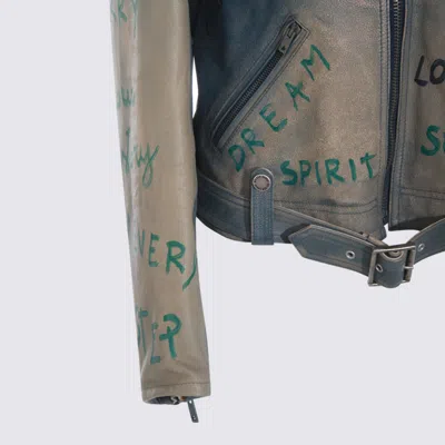 Golden Goose Stylish Leather Jacket With Fringe And Print In Blue