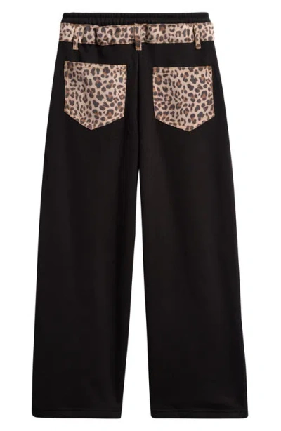 Vintage Havana Kids' Leopard Print Denim Trim Sweatpants In Black
