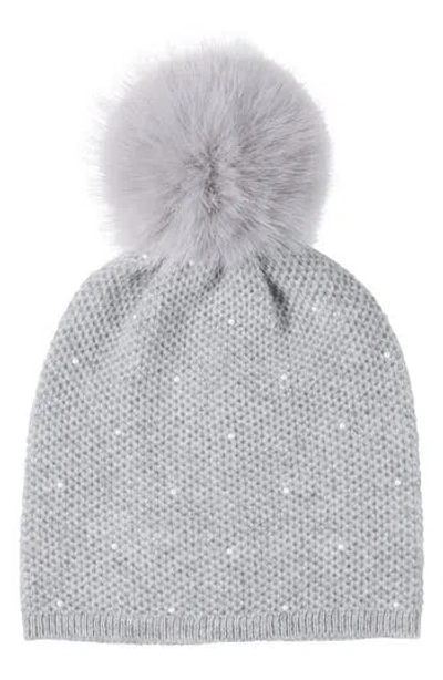 Sofia Cashmere Embellished Textured Cashmere Beanie With Faux Fur Pompom In Gray