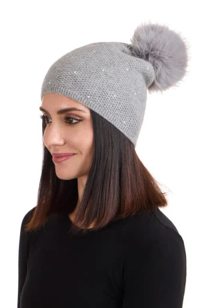 Sofia Cashmere Embellished Textured Cashmere Beanie With Faux Fur Pompom In Gray