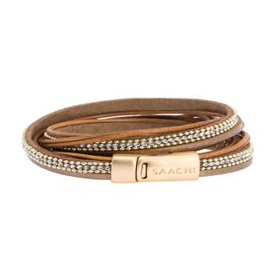 Saachi Women's Brown Leather Crystal Double Wrap Peru Bracelet In Brown