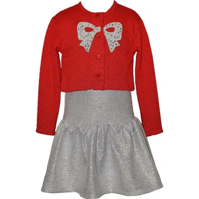 Iris & Ivy Kids' Foil Sequin Drop Waist Party Dress & Crop Cardigan Set In Red