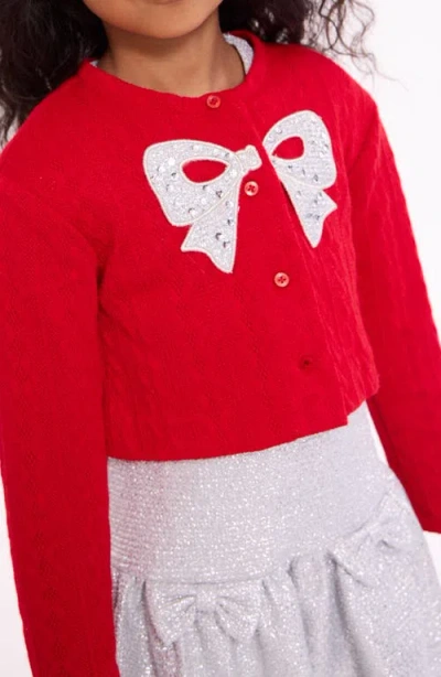 Iris & Ivy Kids' Foil Sequin Drop Waist Party Dress & Crop Cardigan Set In Red