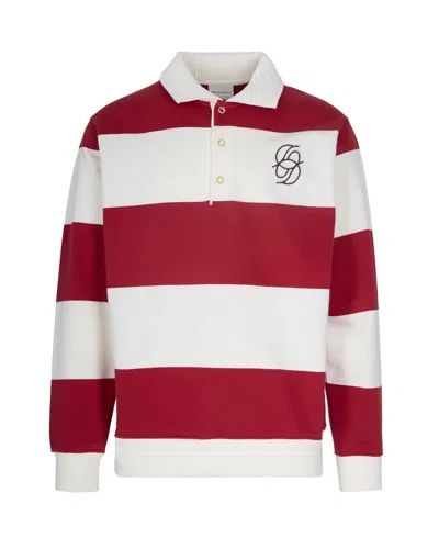 Drôle De Monsieur Striped Long Sleeve Polo Shirt With Embroidery In Red
