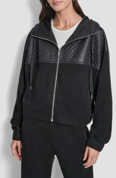 Dkny Mixed Media Zip-up Hooded Jacket In Black