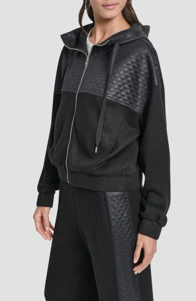 Dkny Mixed Media Zip-up Hooded Jacket In Black