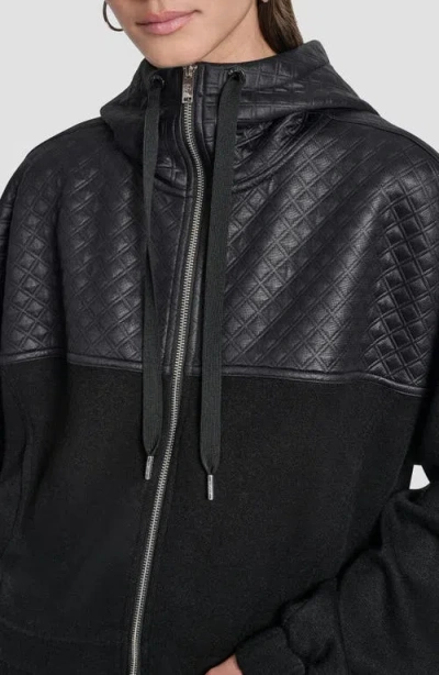 Dkny Mixed Media Zip-up Hooded Jacket In Black