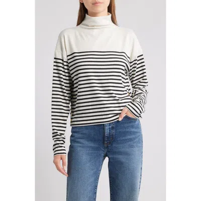 Rag & Bone Stripe Rib Knit Side Button Funnel Neck Top In White