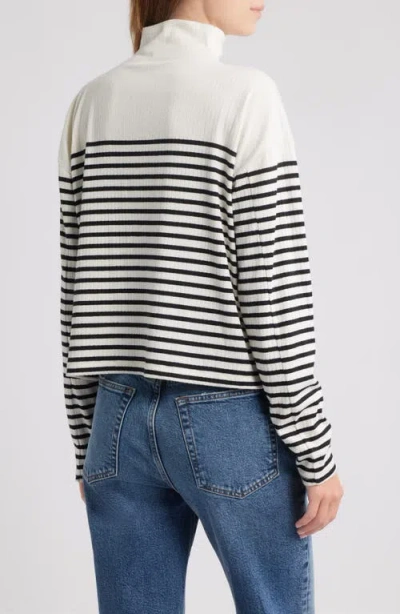 Rag & Bone Stripe Rib Knit Side Button Funnel Neck Top In White