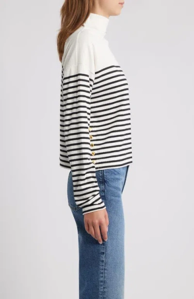 Rag & Bone Stripe Rib Knit Side Button Funnel Neck Top In White