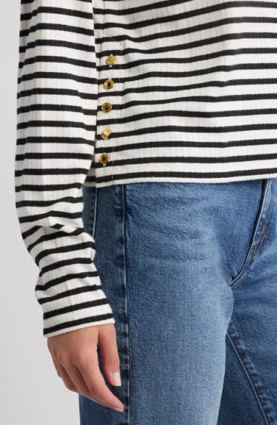 Rag & Bone Stripe Rib Knit Side Button Funnel Neck Top In White