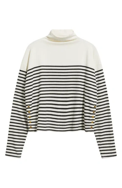 Rag & Bone Stripe Rib Knit Side Button Funnel Neck Top In White