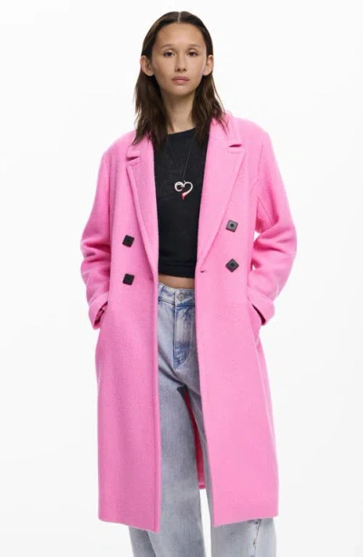 Desigual Double Breasted Overcoat In Pink