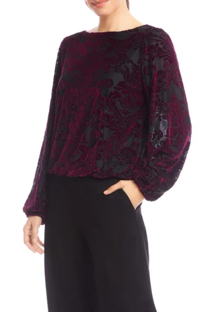 Karen Kane Floral Velvet Burnout Top In Burgundy