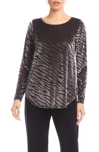 Karen Kane Zebra Stripe Velvet Burnout Shirttail Top In Brown
