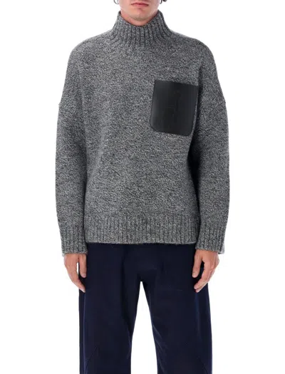 Jw Anderson Grey Sweater With High Neck And One Front Patch Leather Pocket In Wool Blend Man In Gray
