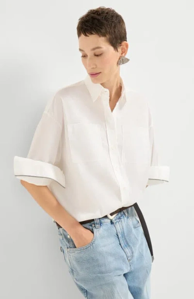 Brunello Cucinelli White Stretch Poplin Shiny Cuffs Shirt In White