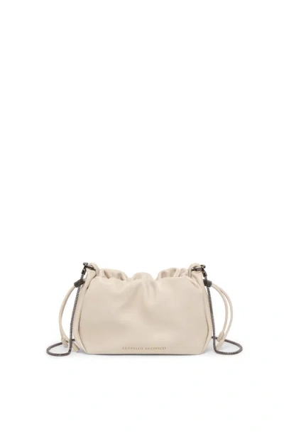Brunello Cucinelli Mellow Mini Bucket Bag In Soft Leather With Precious Chain In White