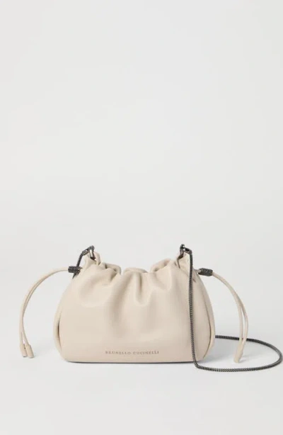 Brunello Cucinelli Mellow Mini Bucket Bag In Soft Leather With Precious Chain In White