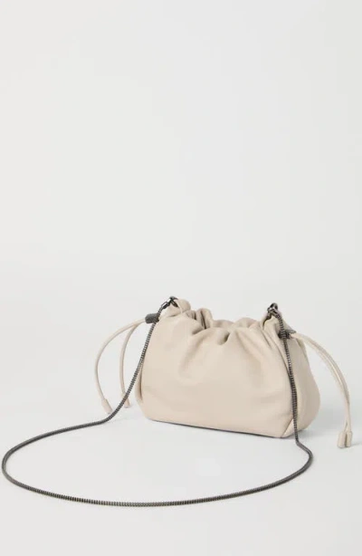 Brunello Cucinelli Mellow Mini Bucket Bag In Soft Leather With Precious Chain In White