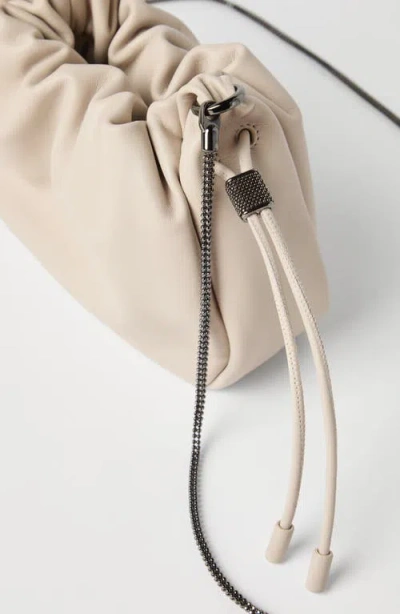 Brunello Cucinelli Mellow Mini Bucket Bag In Soft Leather With Precious Chain In White