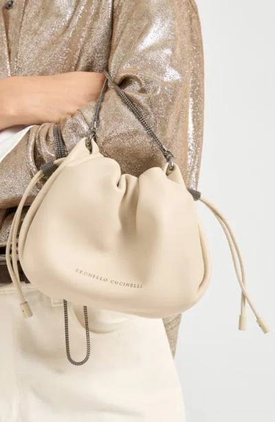 Brunello Cucinelli Mellow Mini Bucket Bag In Soft Leather With Precious Chain In White