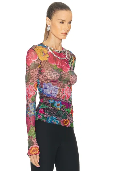 Area Crystal Embellished Printed Tulle Long Sleeve Top In Multi