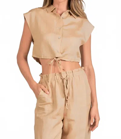 Elan Crop Linen-blend Button Up Top In Taupe In Multi
