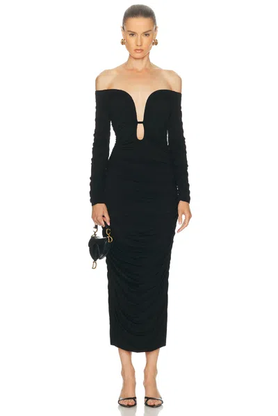 Sans Faff Wren Long-sleeve Ruched Midi Dress In Black