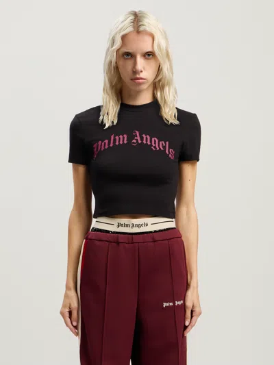 Palm Angels Cropped T-shirt With Gothic Fuchsia Print In Black