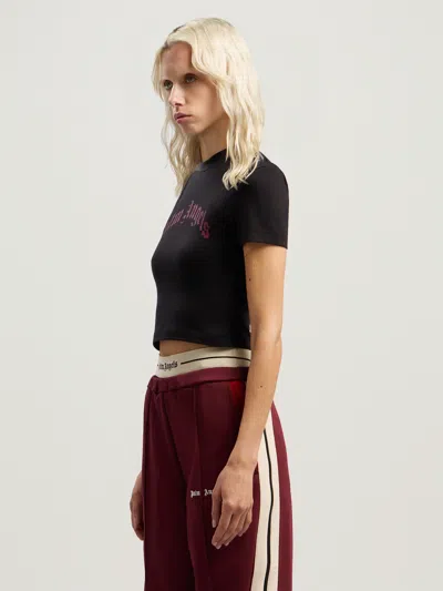 Palm Angels Cropped T-shirt With Gothic Fuchsia Print In Black