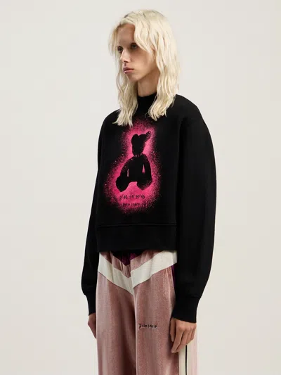 Palm Angels Cropped Black And Fuchsia Graphic Sweatshirt