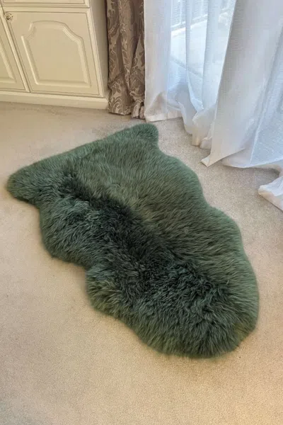 Infinity Leather Genuine Thyme Green Sheepskin Silky Natural Soft Fluffy Real Wool Rug In Green