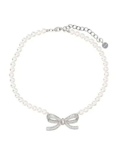Self-portrait Pearl Bow Necklace In Metallic