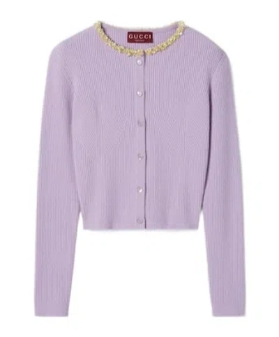 Gucci Cardigan En Laine Feutrée Côtelée Avec Broderie In Purple