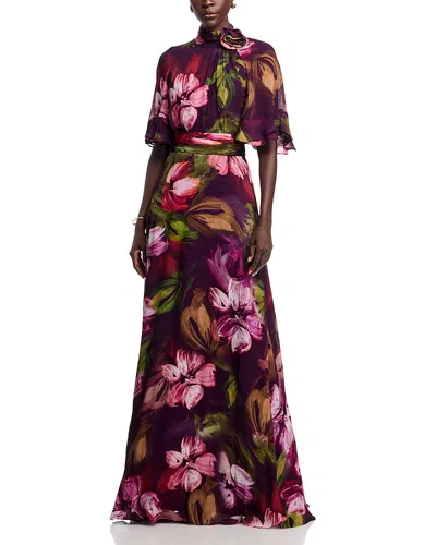 Teri Jon By Rickie Freeman Floral Flutter Sleeve Mock Neck Gown In Multi
