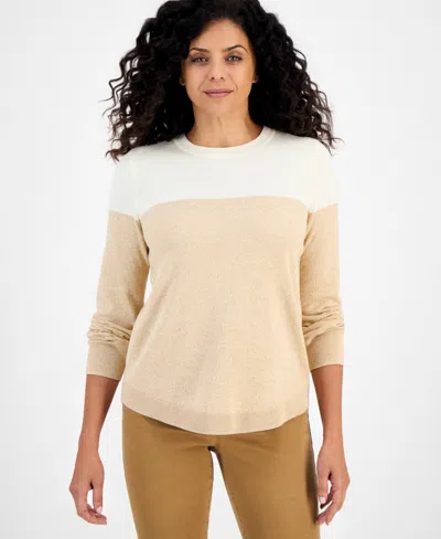 Style & Co Women's Crewneck Cotton Colorblocked Sweater, Created For Macy's In Neutral