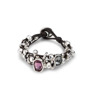 Unode50 Grey Pink Crystal Leather Bracelet In Multi