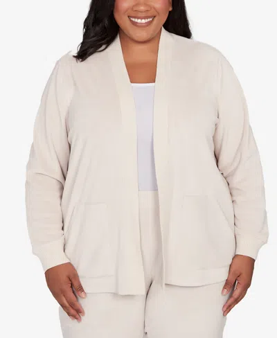 Alfred Dunner Plus Size Calm Luxe Open Front Rib Trim Cardigan In Neutral