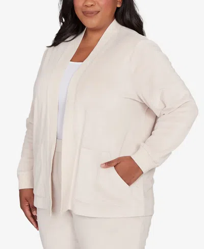 Alfred Dunner Plus Size Calm Luxe Open Front Rib Trim Cardigan In Neutral