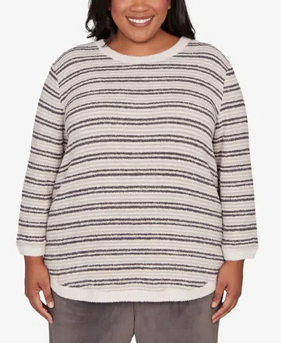 Alfred Dunner Plus Size Calm Luxe Eyelash Striped Knit Top In Gray