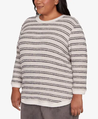 Alfred Dunner Plus Size Calm Luxe Eyelash Striped Knit Top In Gray