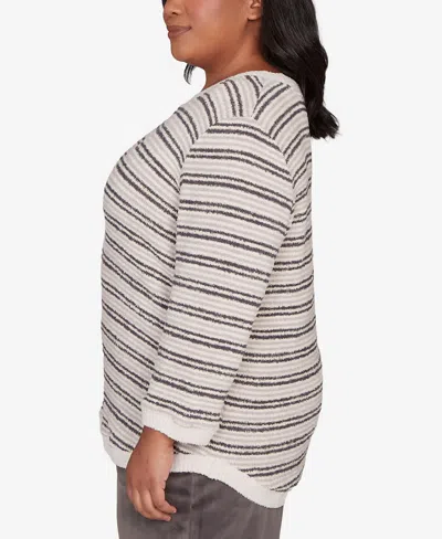 Alfred Dunner Plus Size Calm Luxe Eyelash Striped Knit Top In Gray