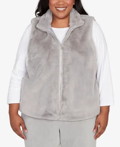 Alfred Dunner Plus Size Stockbridge Plush Zip Front Vest Jacket In Gray